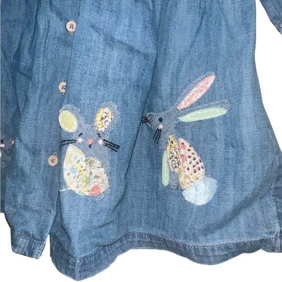 Next UK Blue Chambray Denim Dress with Button bunny mouse embroidered 2-3Y - Picture 2 of 4